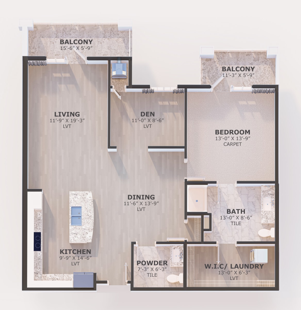 A detailed floor plan of an apartment featuring a living area, kitchen, bedroom, bath, powder room, and two balconies.