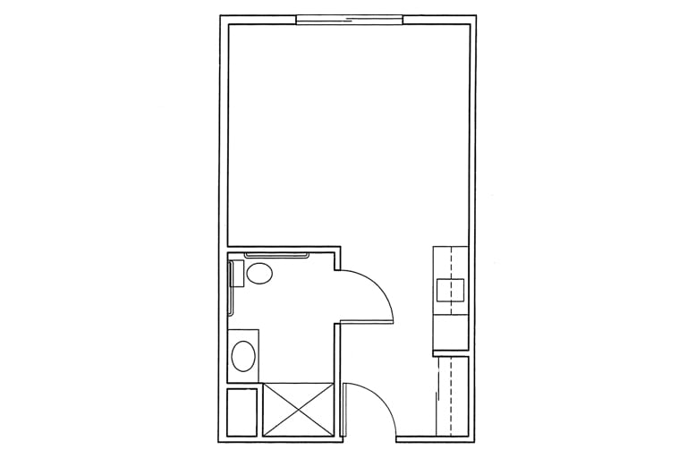 A simple floor plan of a studio apartment with a bathroom and kitchen area.