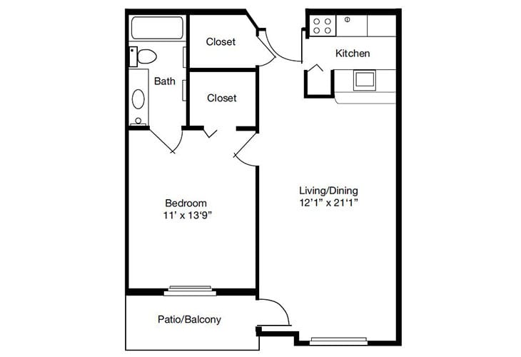 1-bedroom apartment floor plan with living/dining area, kitchen, bathroom, and patio.