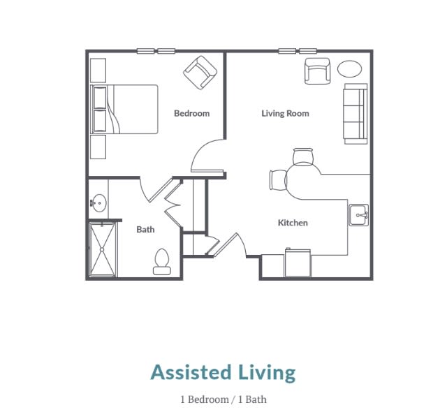 A floor plan for an assisted living apartment featuring one bedroom, one bathroom, a living room, and a kitchen.