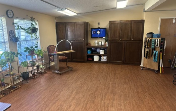 A room with wooden flooring features a chair and desk, large cabinets, and a wall-mounted television.