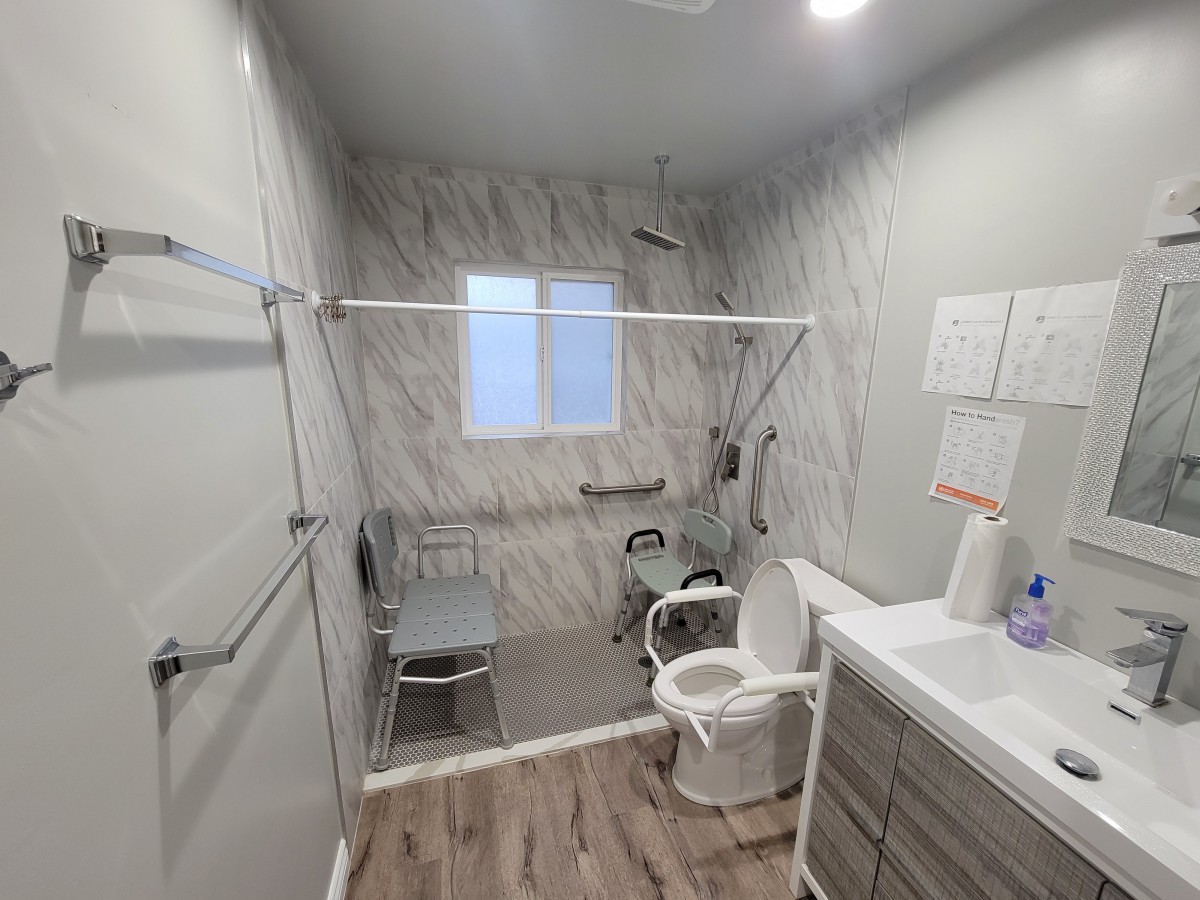 A modern, accessible bathroom with shower and grab bars.