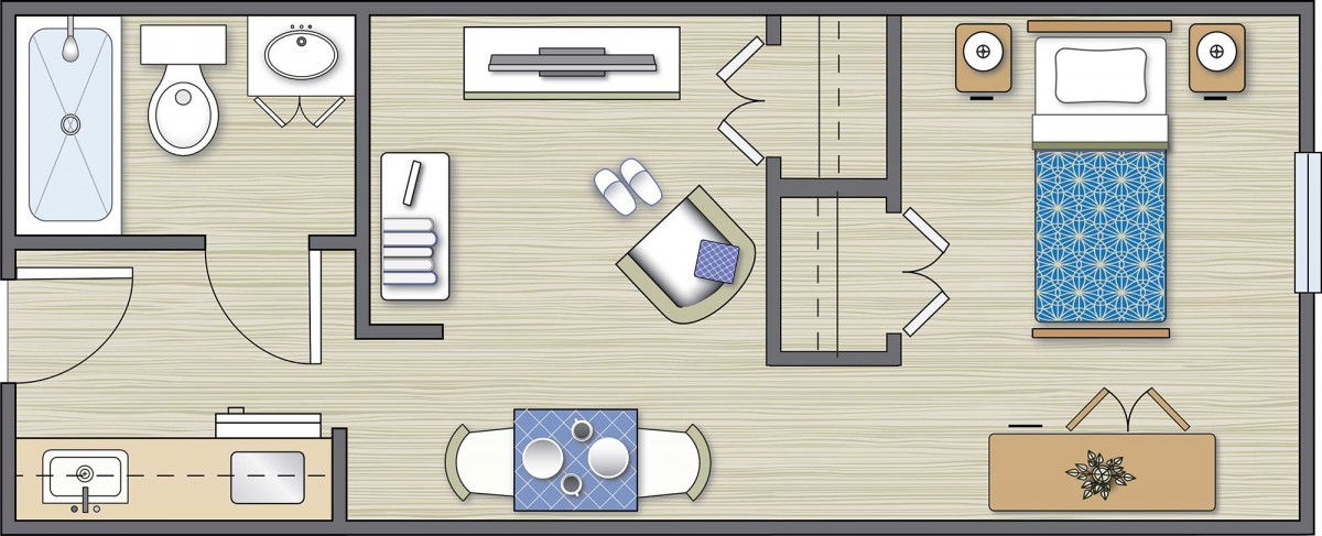 A floor plan showcasing a room layout with furniture and interior elements.