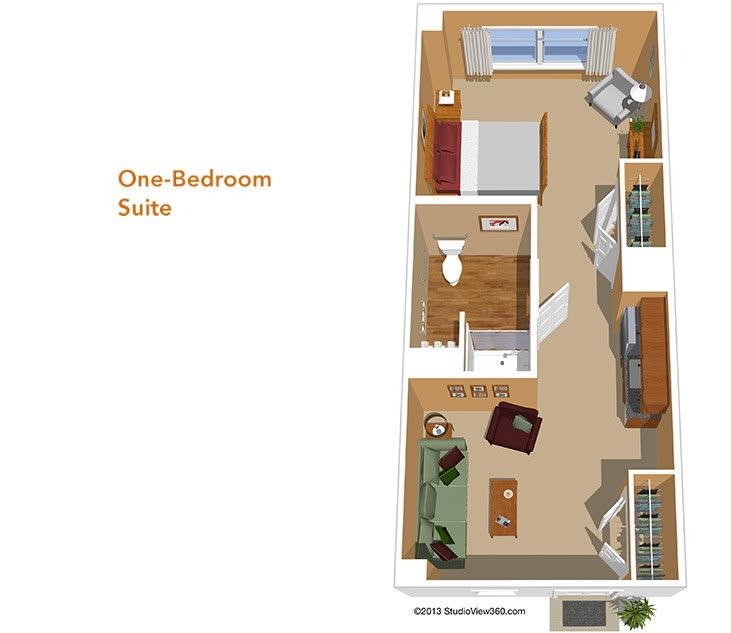 A detailed floor plan of a one-bedroom suite, displaying the layout of rooms and furniture.