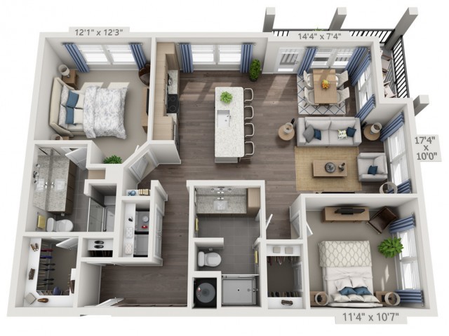 A modern 3D floor plan of a two-bedroom apartment with an open-concept living and kitchen area.