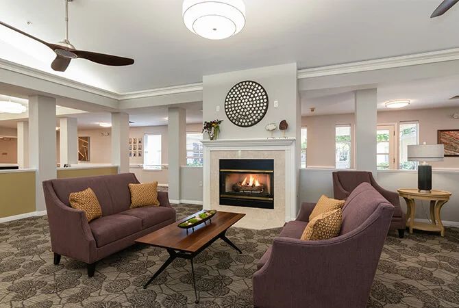 A cozy living room with a fireplace, modern furniture, and stylish decor.