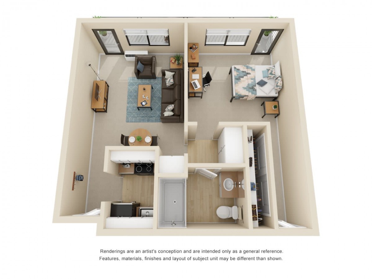 A 3D floor plan of a modern one-bedroom apartment showcasing the living room, kitchen, bathroom, and bedroom.