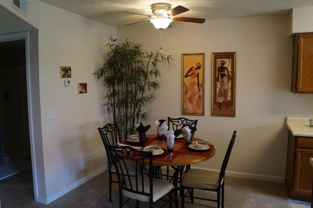 A cozy dining room with a round table set for four, featuring wall art and a tall plant.