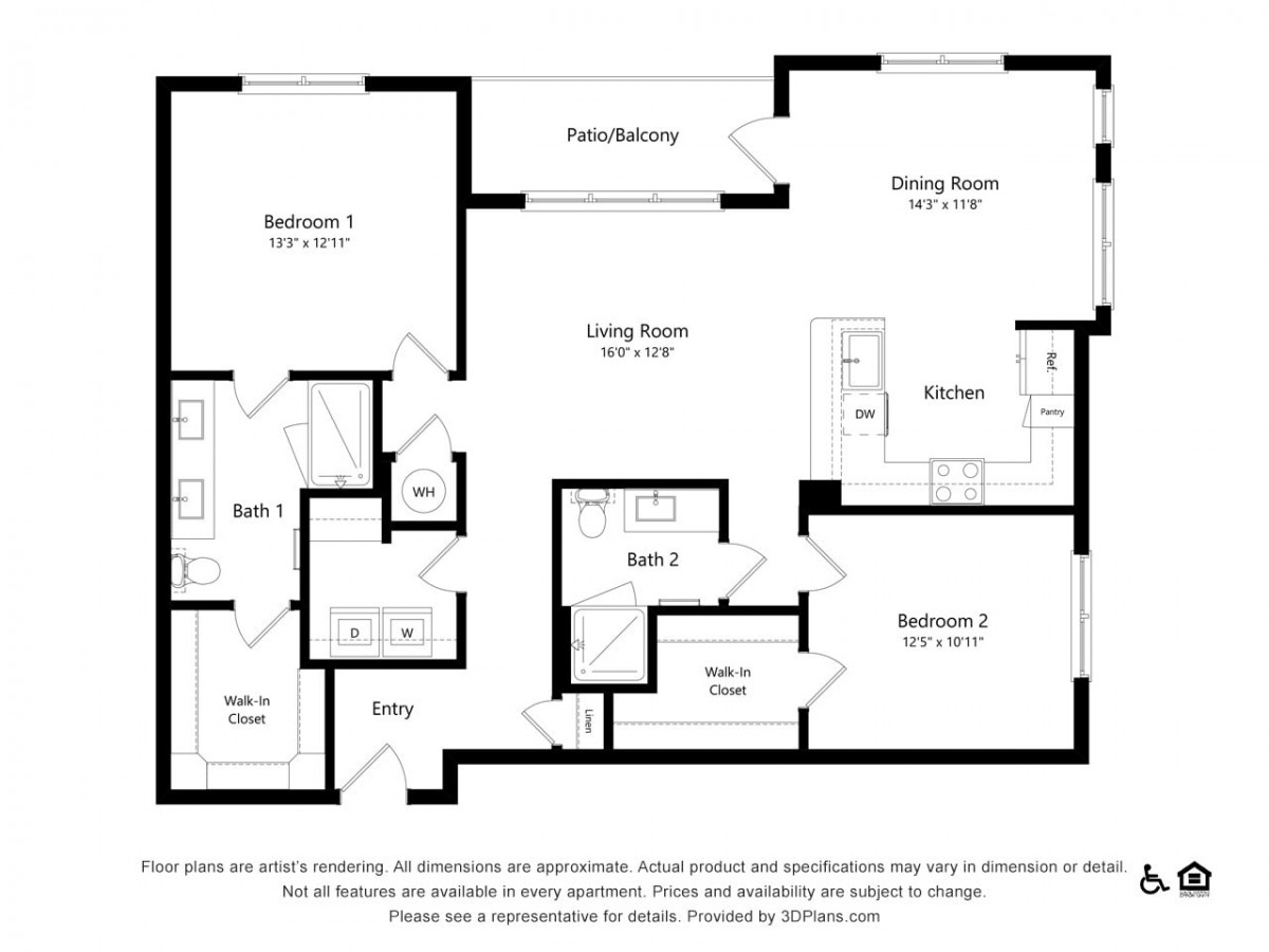 A detailed floor plan of a two-bedroom apartment with specified rooms and dimensions.