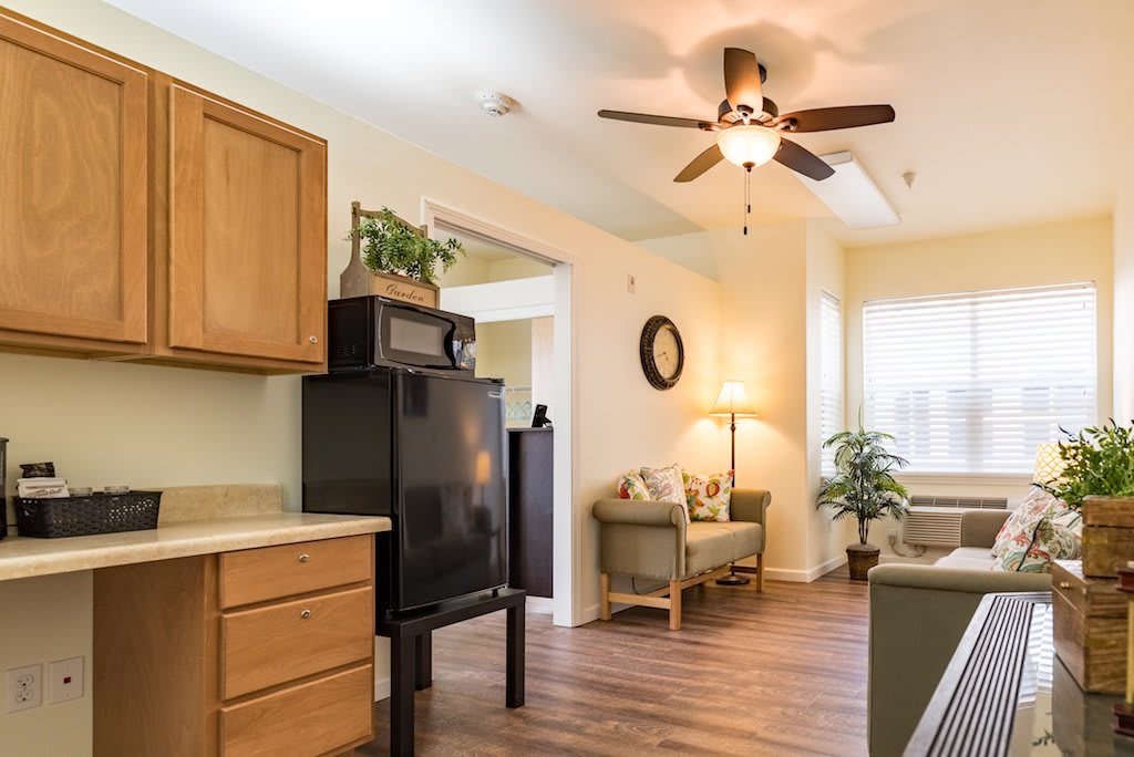 A cozy open-plan kitchen and living area with wooden flooring, a ceiling fan, and comfortable seating.