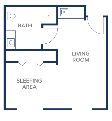 Studio apartment floor plan showing a living room, sleeping area, and bathroom.