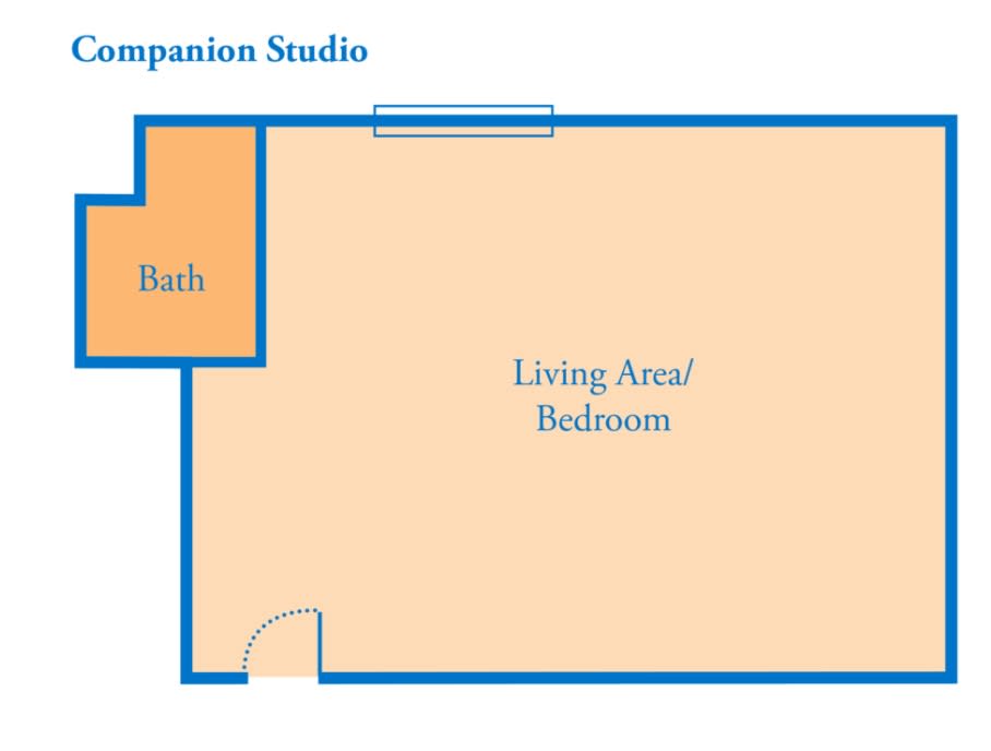 A floor plan of a companion studio showing a living and bedroom area with an attached bathroom.