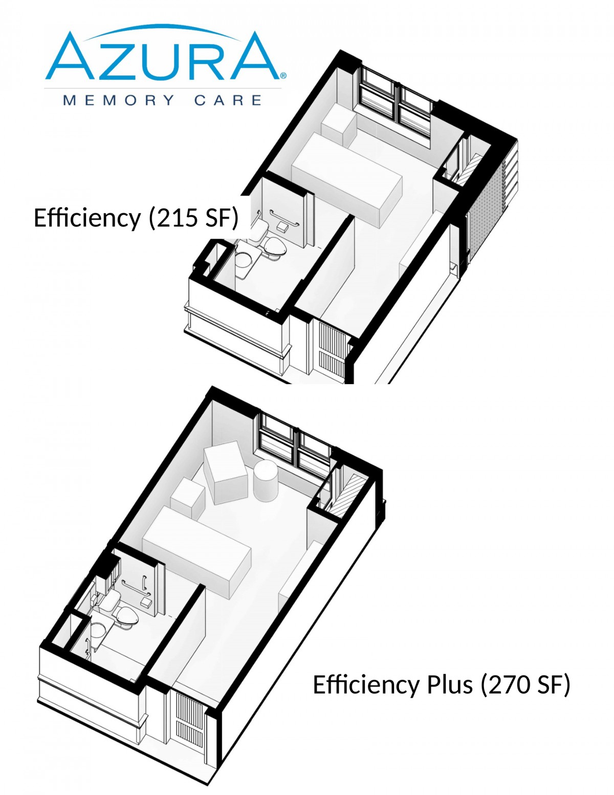 Memory care apartment floor plans featuring Efficiency (215 SF) and Efficiency Plus (270 SF) layouts.