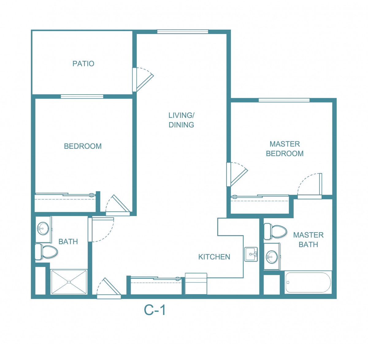 A floor plan of a two-bedroom, two-bathroom apartment featuring a living room, kitchen, and patio.