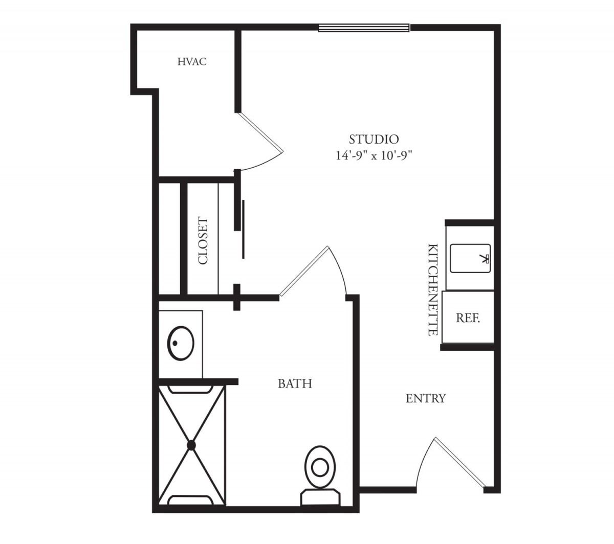 A floor plan of a studio apartment featuring a living area, closet, kitchen, and bathroom.