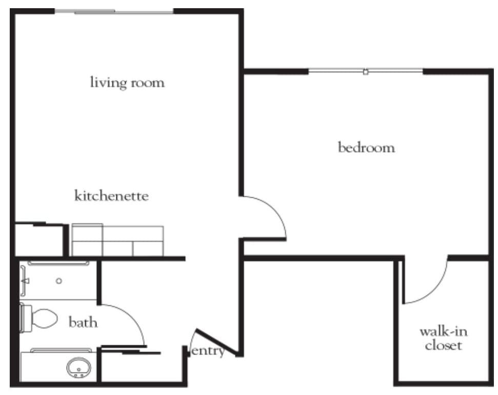 A floor plan of a one-bedroom apartment showing the living room, kitchenette, bathroom, and closet.