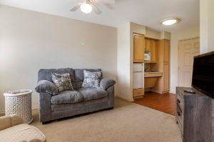 A cozy living room with a gray sofa, carpeted floor, and a view of the adjacent kitchen area.