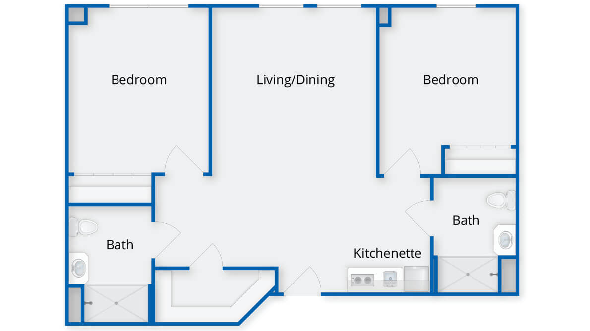 A detailed floor plan of an apartment showing two bedrooms, a living/dining area, kitchenette, bathroom, and foyer.