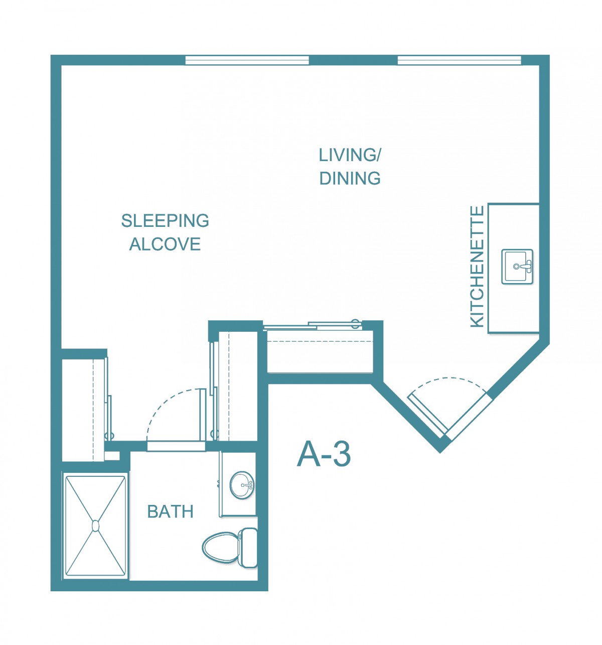Studio apartment floor plan with labeled living/dining area and bathroom.