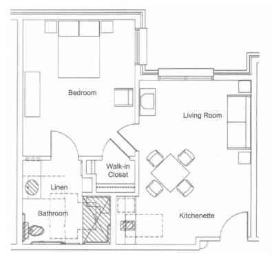 A detailed floor plan of a one-bedroom apartment featuring a living room, kitchenette, bathroom, and walk-in closet.