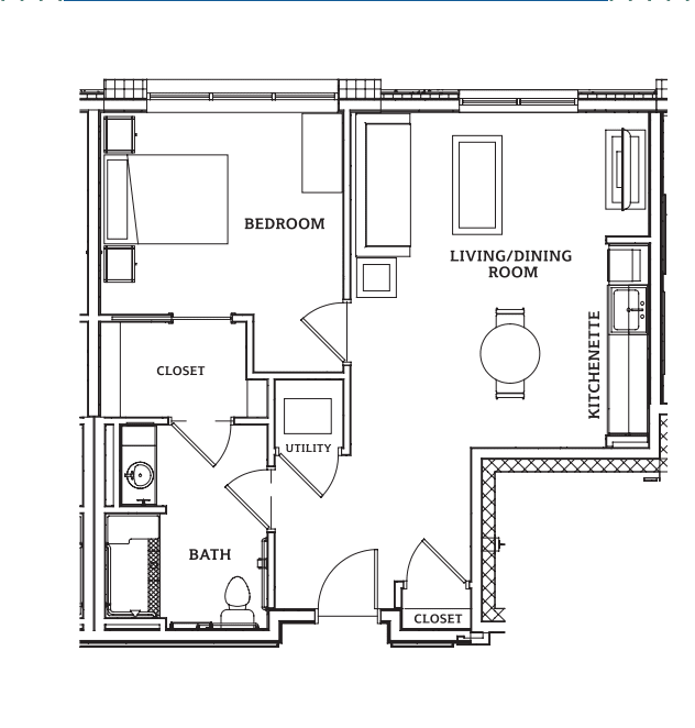 This is a floor plan of a one-bedroom apartment, including a living/dining room, kitchen, and bathroom.