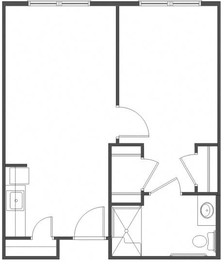 A floor plan depicting the layout of an apartment with designated spaces for rooms and facilities.