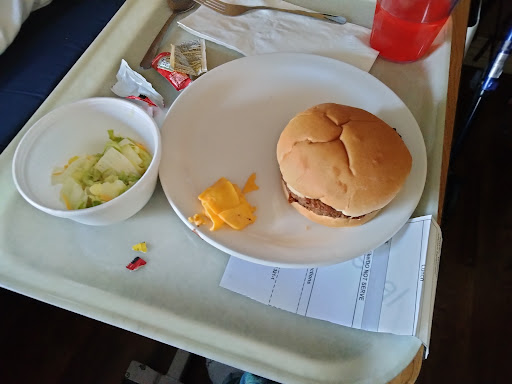 A simple hospital meal featuring a burger, a side salad, and some fruit.