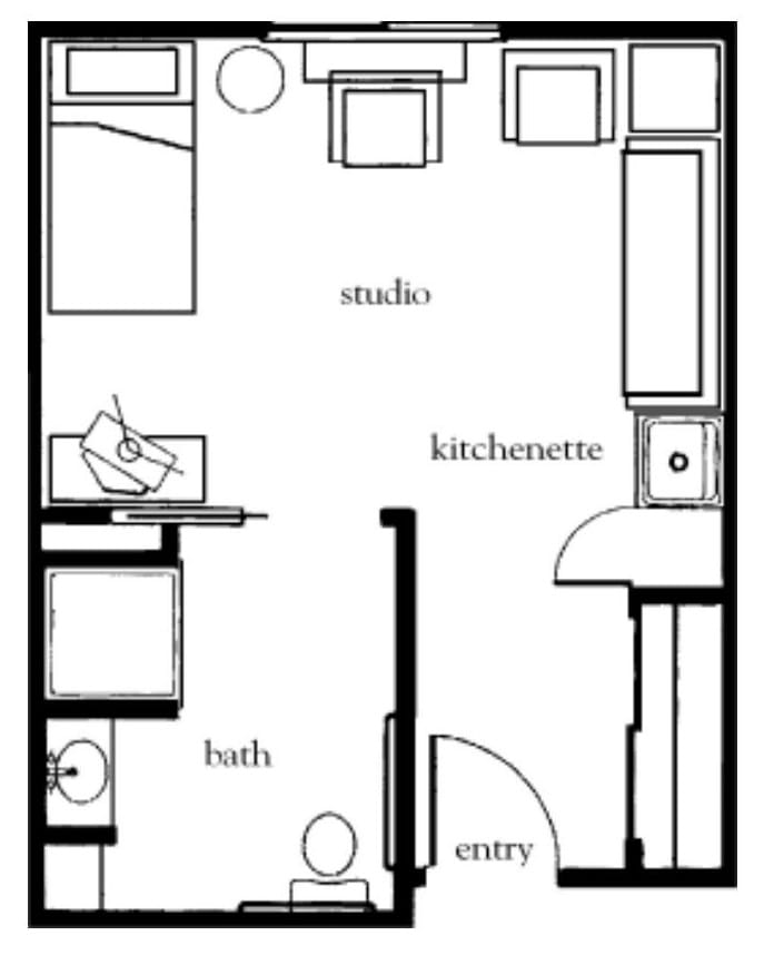 A floor plan layout of a studio apartment, featuring a kitchenette and bathroom.