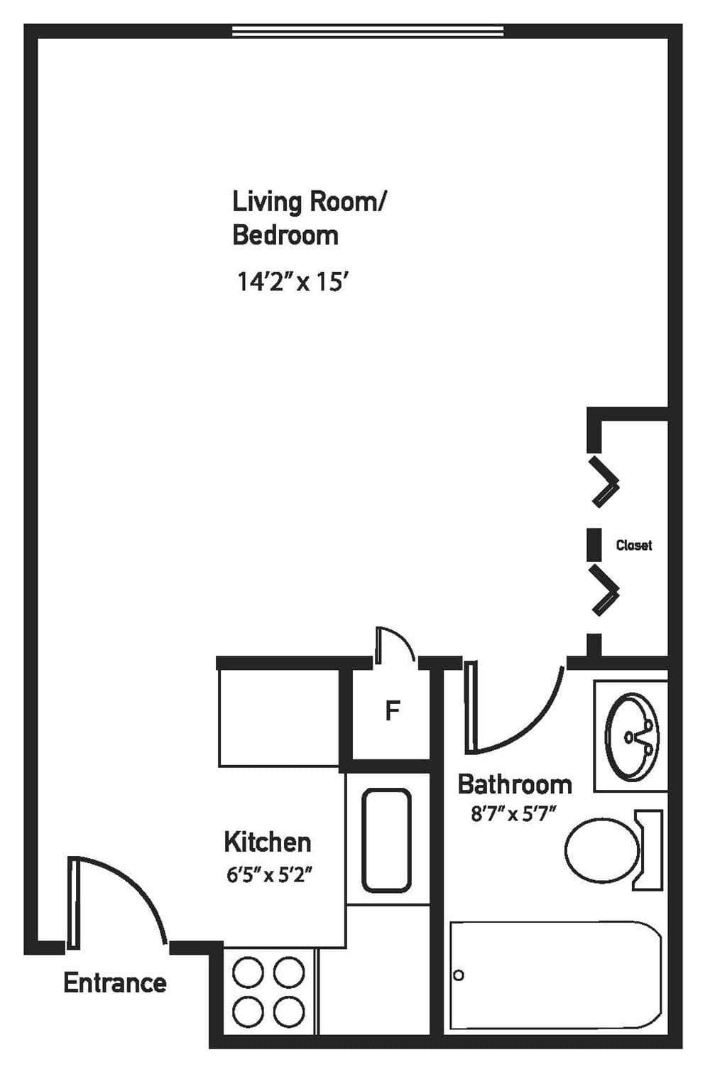 A floor plan of a studio apartment with designated areas for living/bedroom, kitchen, and bathroom.