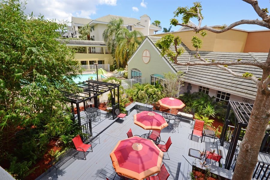An inviting outdoor patio area with red umbrellas and seating, surrounded by lush greenery and a view of nearby buildings.