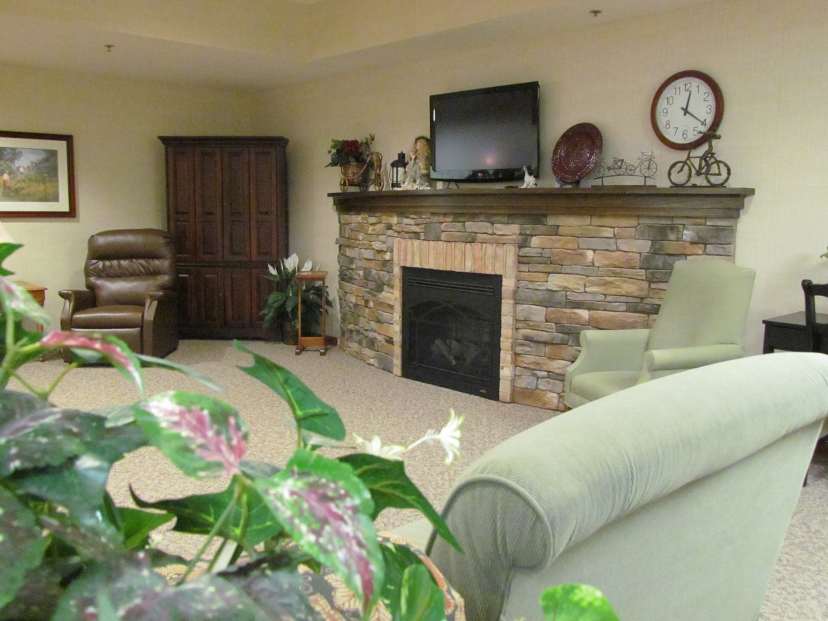 Cozy living room with a stone fireplace and modern decor.