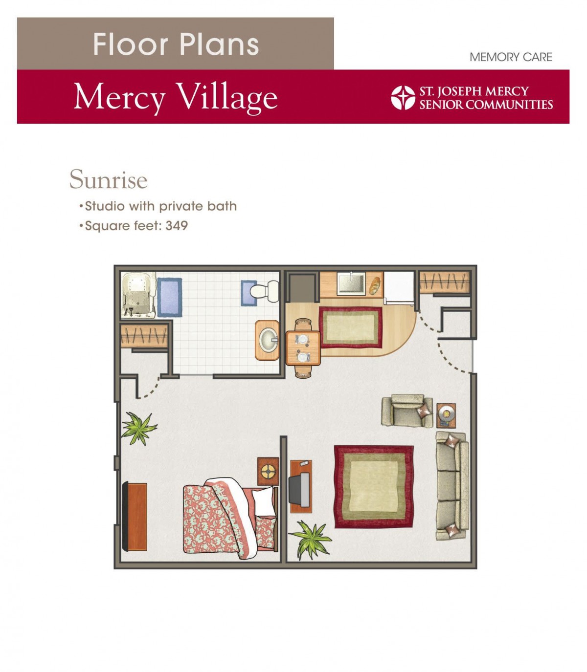 Floor plan of a studio apartment labeled 'Sunrise' at Mercy Village.