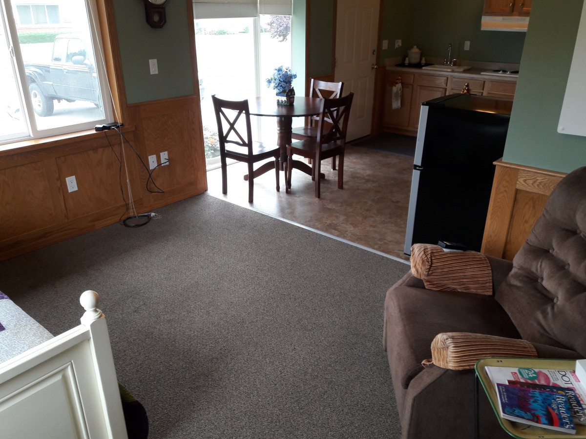 A cozy living room with a view into the dining area featuring a table and chairs.