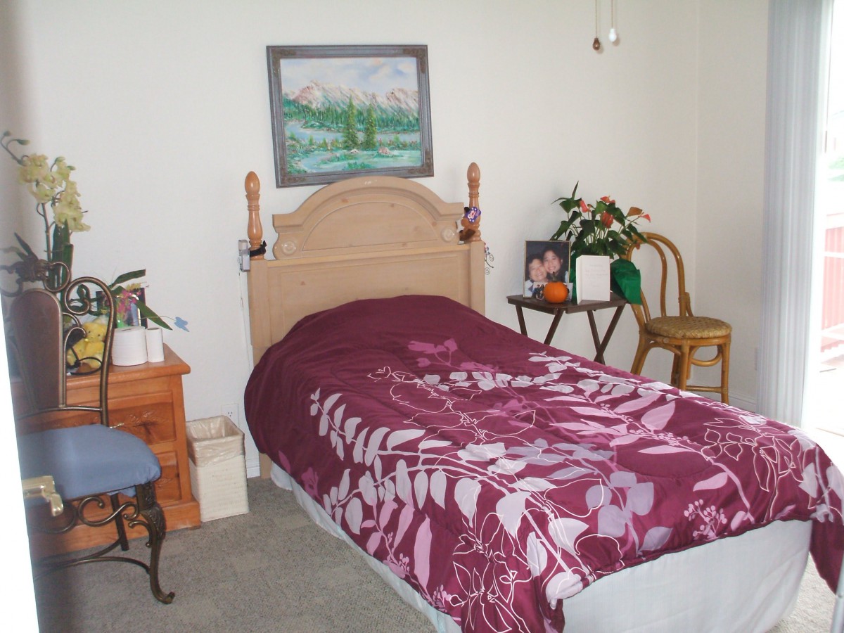 A cozy bedroom with a twin bed, floral comforter, and decorative plants.
