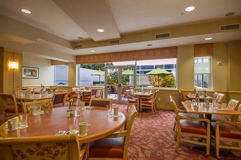 A cozy dining area with arranged tables and chairs, featuring large windows looking out to a garden.