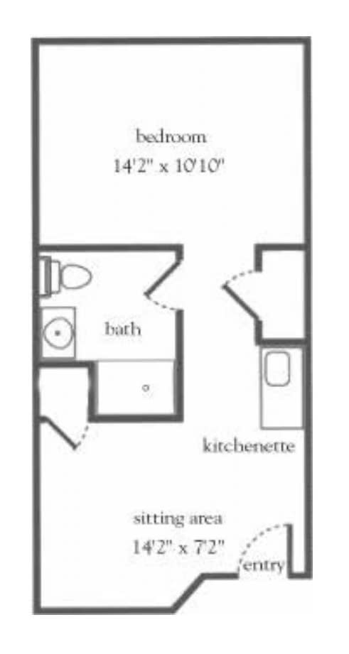 Studio apartment floor plan with bathroom and kitchenette.