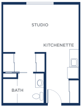 Floor plan of a studio apartment with a kitchenette and bathroom.