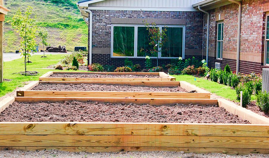Raised garden beds prepared for planting in a neatly landscaped backyard.