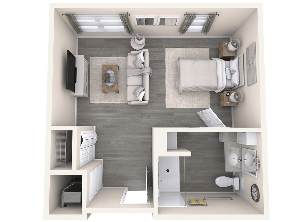 A top-down view of a studio apartment floor plan showcasing the layout and furniture arrangement.