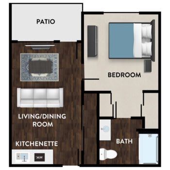 A floor plan of a one-bedroom apartment with a living/dining area, kitchenette, bathroom, and patio.