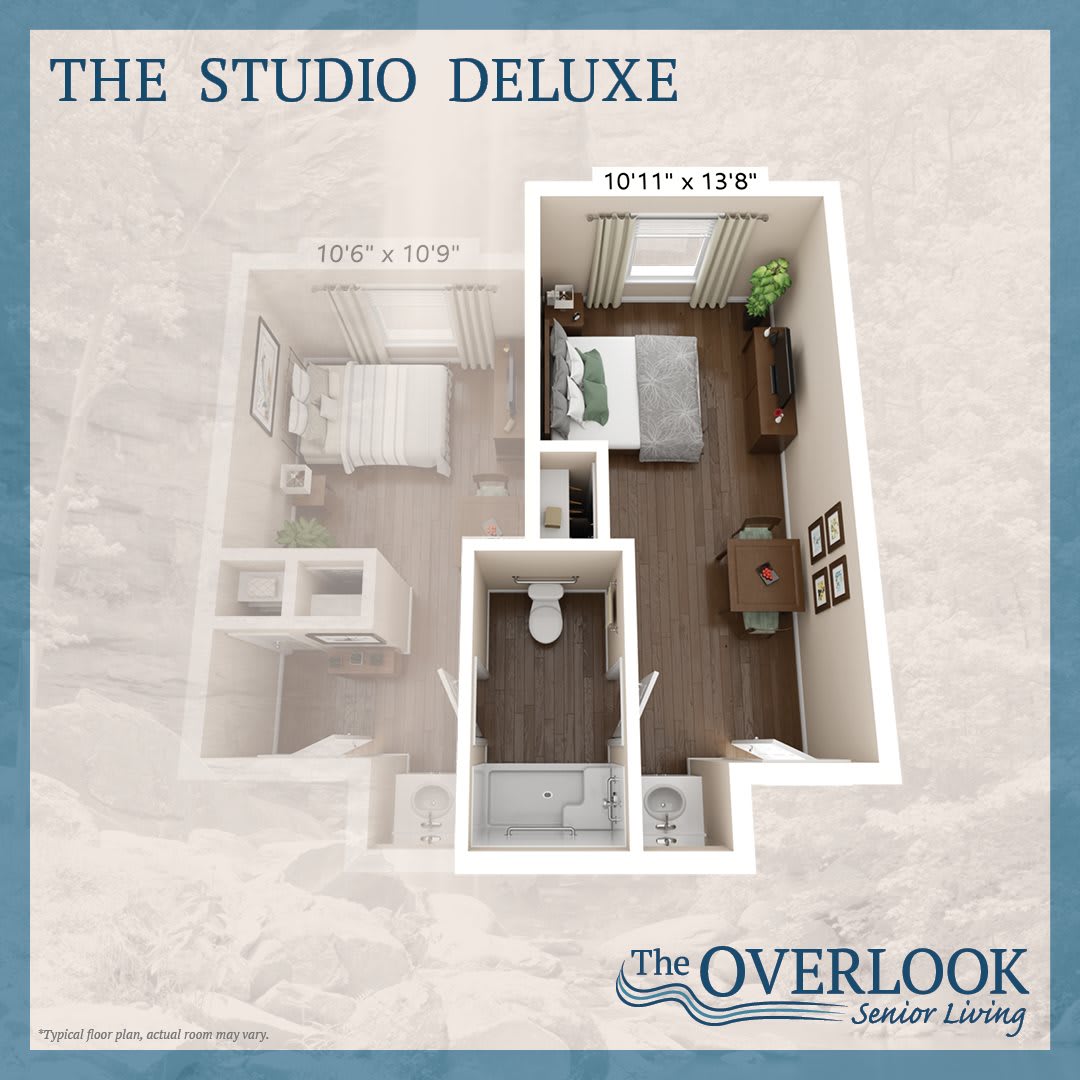 The Overlook Studio Deluxe floor plan showcasing a modern studio apartment design.