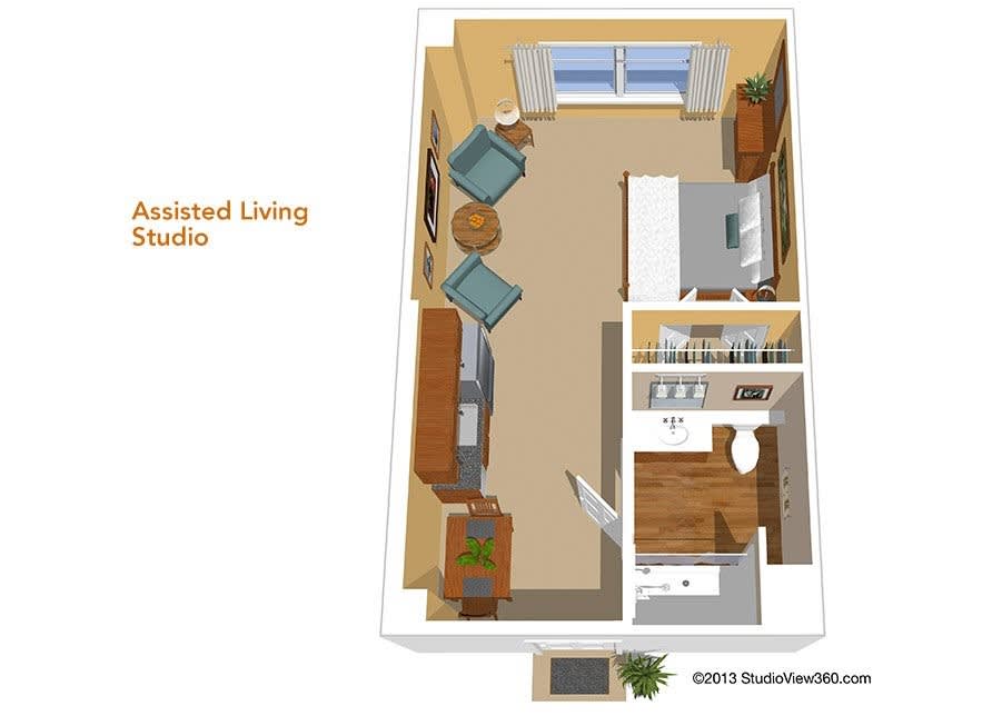 3D floor plan of an assisted living studio apartment.
