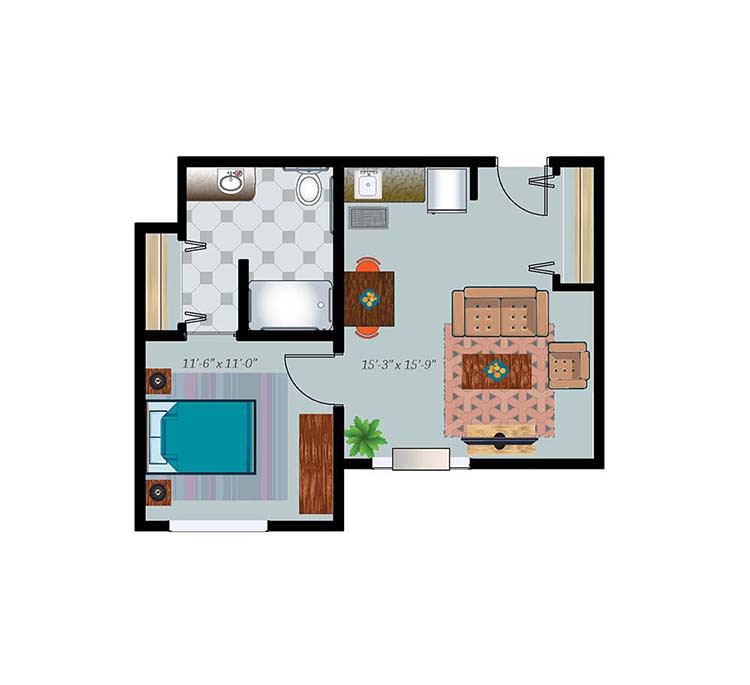A digital floor plan of a one-bedroom apartment with living room, kitchen, and bathroom.