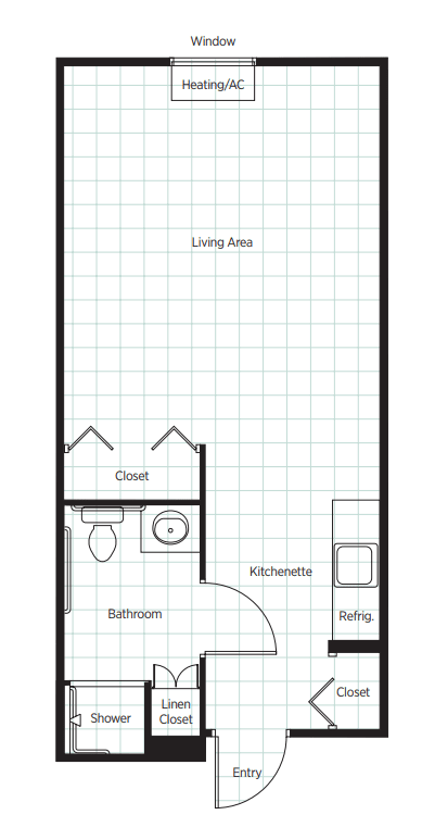 A simple floor plan of an apartment featuring a living area, kitchen, bathroom, and closet.