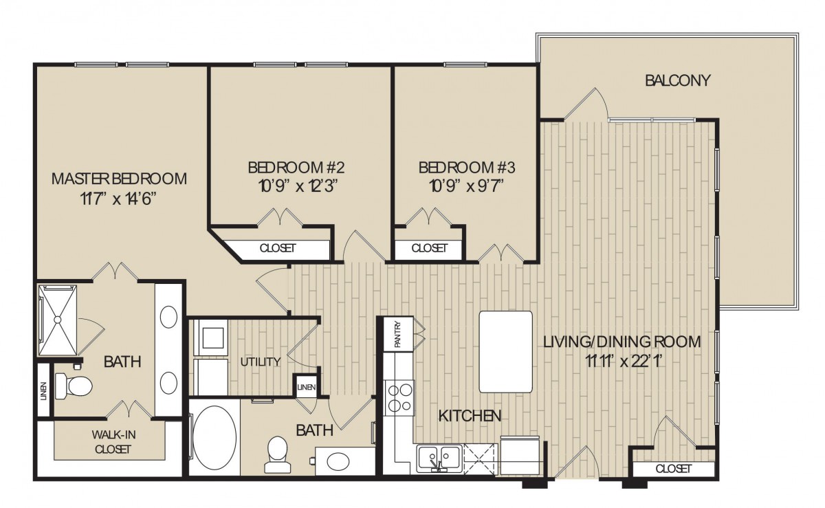 A detailed floor plan of a three-bedroom apartment with a kitchen, two bathrooms, and a living/dining area.