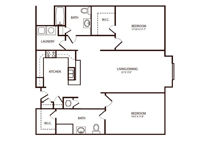 A floor plan of a two-bedroom apartment with labeled rooms, including kitchen, living room, bathrooms, and laundry area.