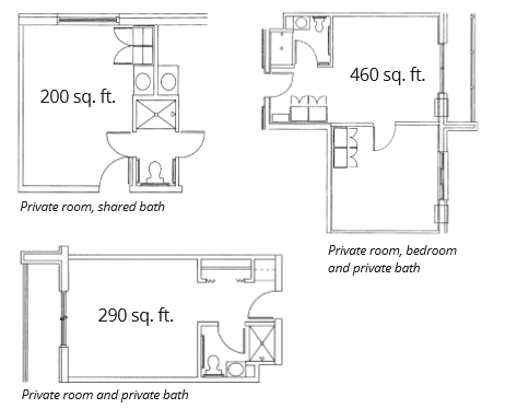 A set of architectural floor plans showing different room sizes and layouts with specified square footage.