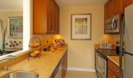 A cozy kitchen with wooden cabinets and modern appliances.