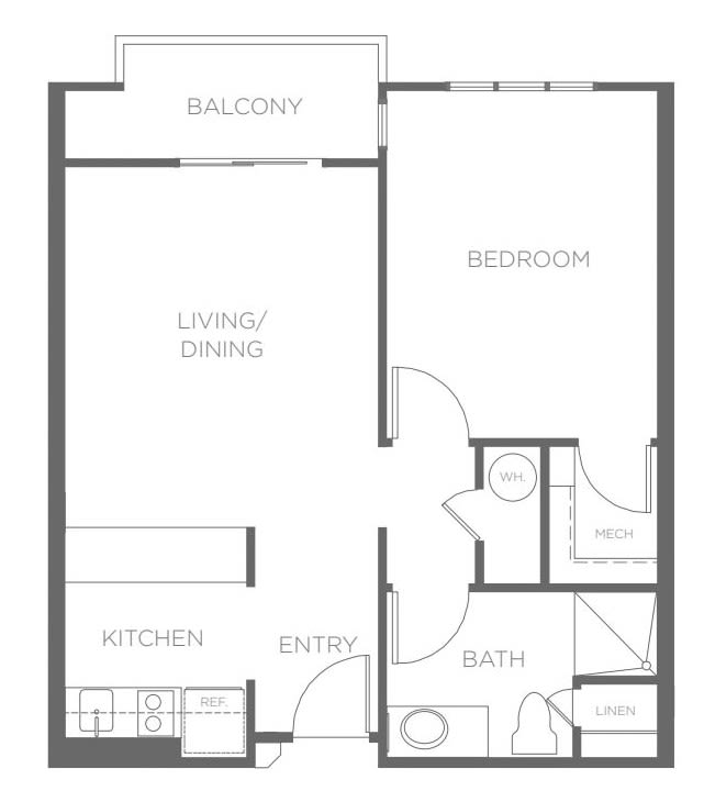 A one-bedroom apartment floor plan featuring a kitchen, living/dining area, bathroom, and balcony.