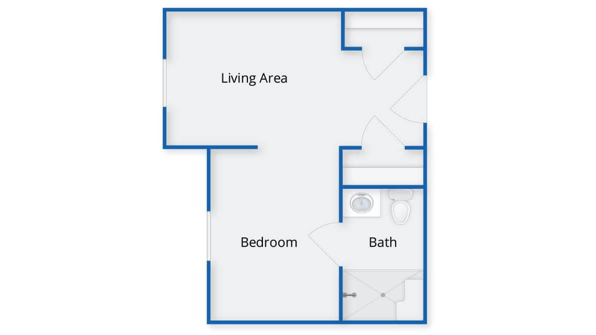 A simple one-bedroom apartment floor plan featuring a living area, bedroom, and bathroom.